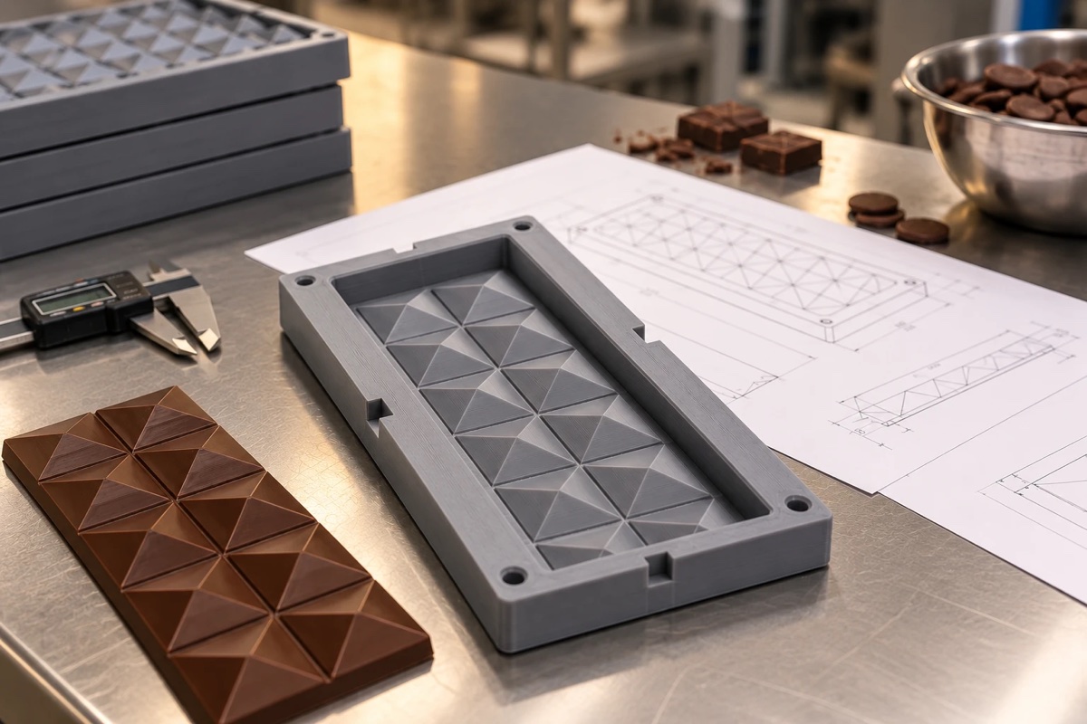 Prototype en plastique d'un moule à chocolat personnalisé et tablette d'essai