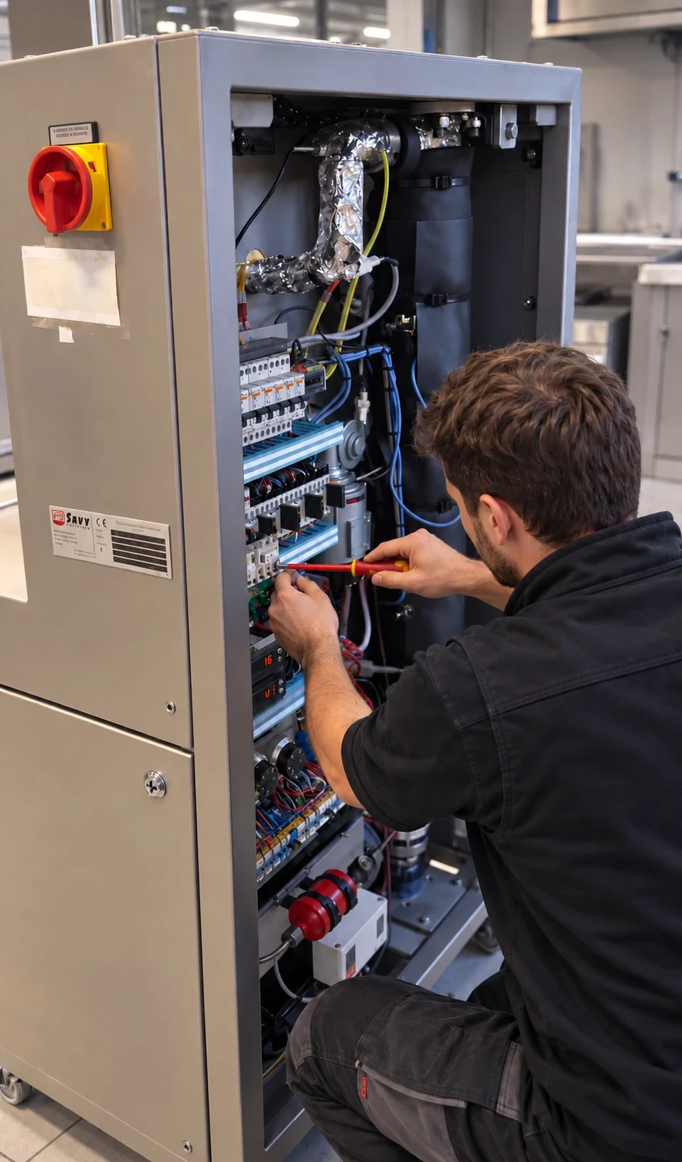 Techniker von Savy Hacos bei der Arbeit am Schaltschrank einer Schokoladenmaschine